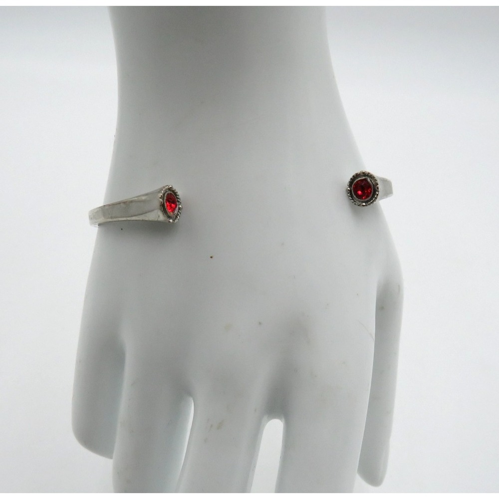 Silver Tone Open Cuff Bracelet Womens Red‎ Crystal End Caps Bangle Jewelry